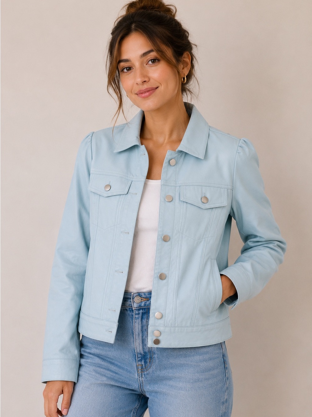 Boston Proper Blue Genuine Leather Jacket Womens XS Spring Summer Feminine Chic